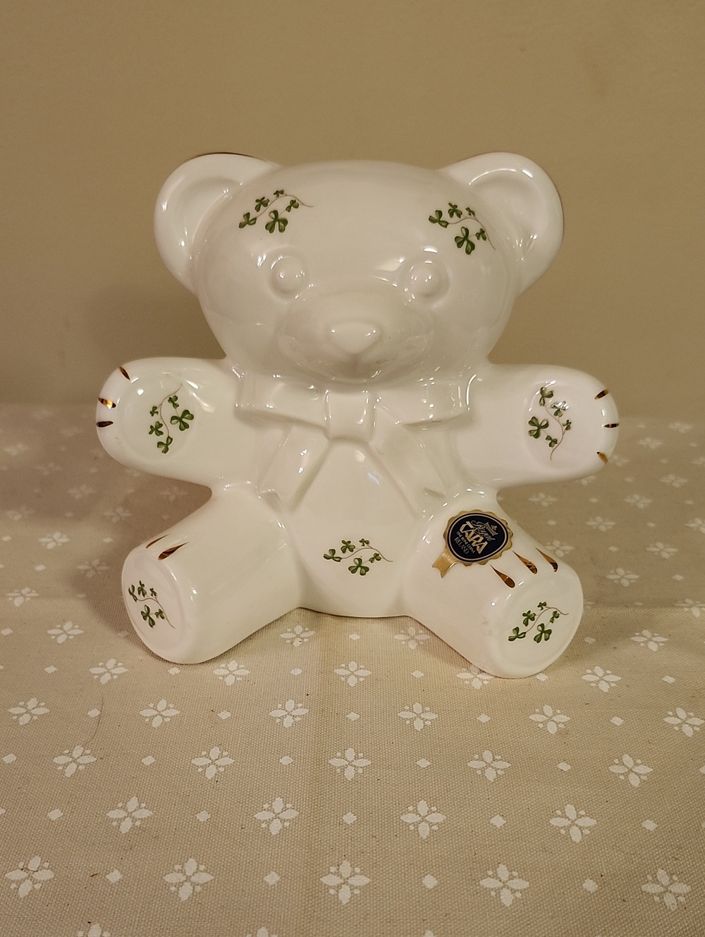Vintage Royal Tara Bone China Teddy Bear Bank With Green Shamrock Accents